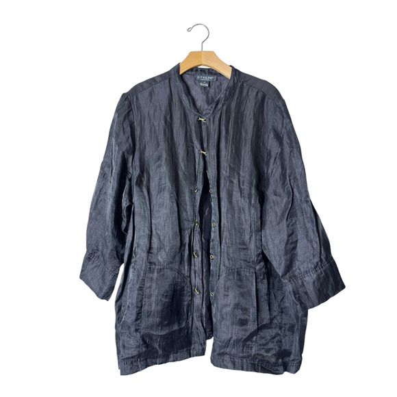 Citron Plus 2X Black Linen-Blend Toggle-Front 3/4 Sleeve Shirt or Light Jacket - Picture 2 of 11
